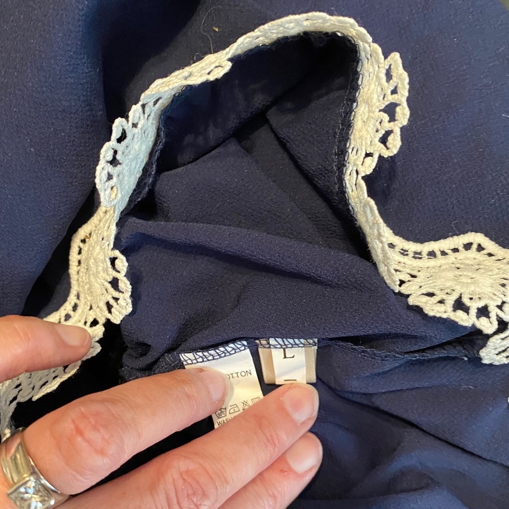L long sleeve romper navy any off white lace!